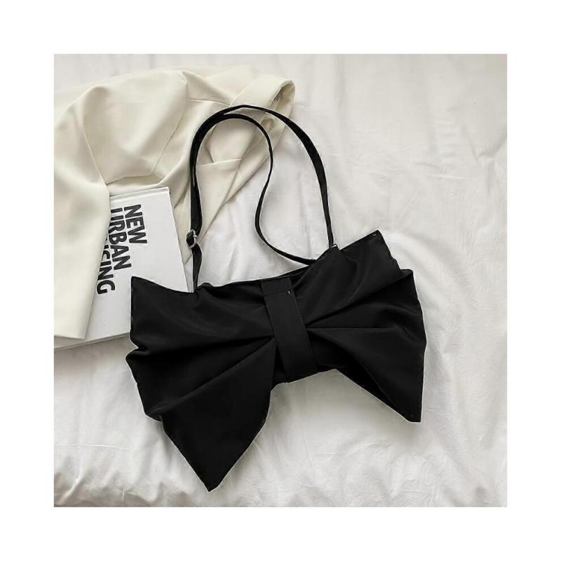 (Black)Fashion Bowknot Shape Tote Bow Tie Pleated Shoulder Bag Women's Crossbody Bags Large Capacity Lighweight Commuter Bags