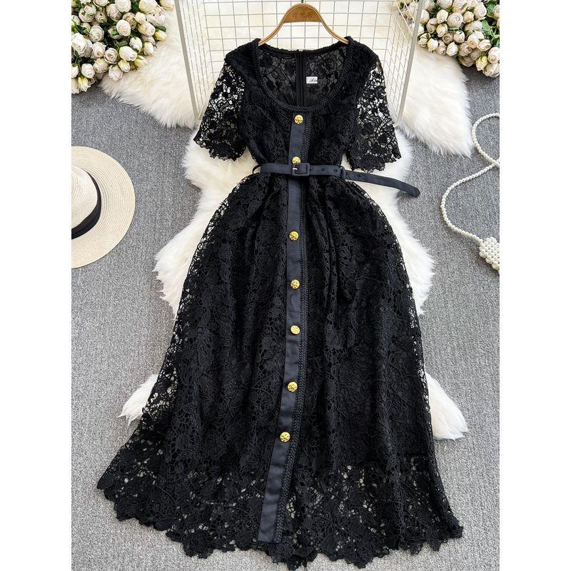 Single-Breasted Water Soluble Lace Dress Elegant Short Sleeve