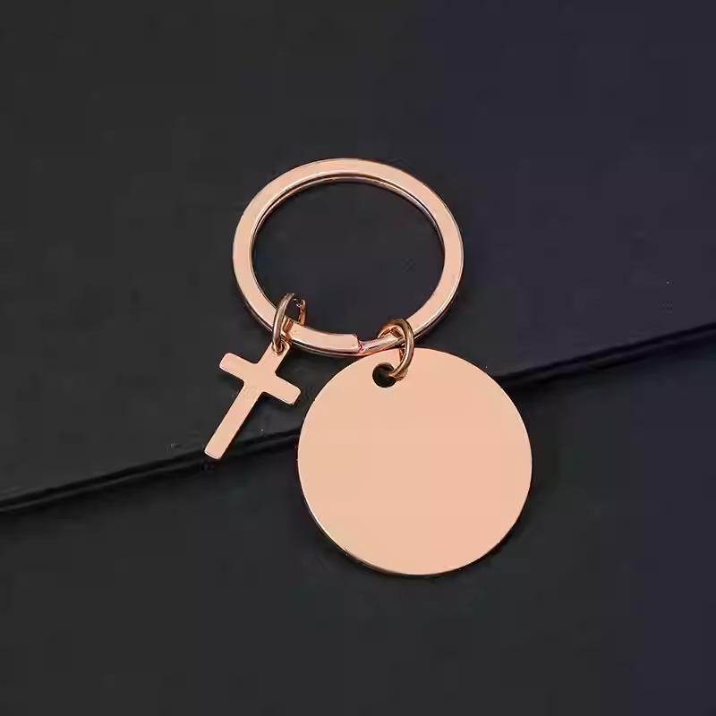 Round Metal Keychain with Color Laser Engraving - Cross Design, Festival Gift