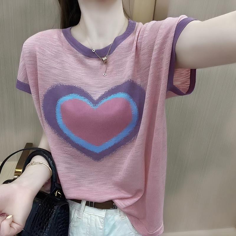 

Thin Loose Age-reducing Round Neck Linen Color-blocking Short-sleeved Sweater for Women 2XL сірий