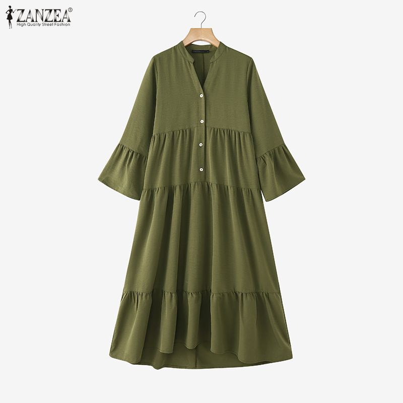 ZANZEA Rochie Casual de Vacanță pentru Femei cu Decolteu în V, Largă, cu Mâneci Lungi Cloș