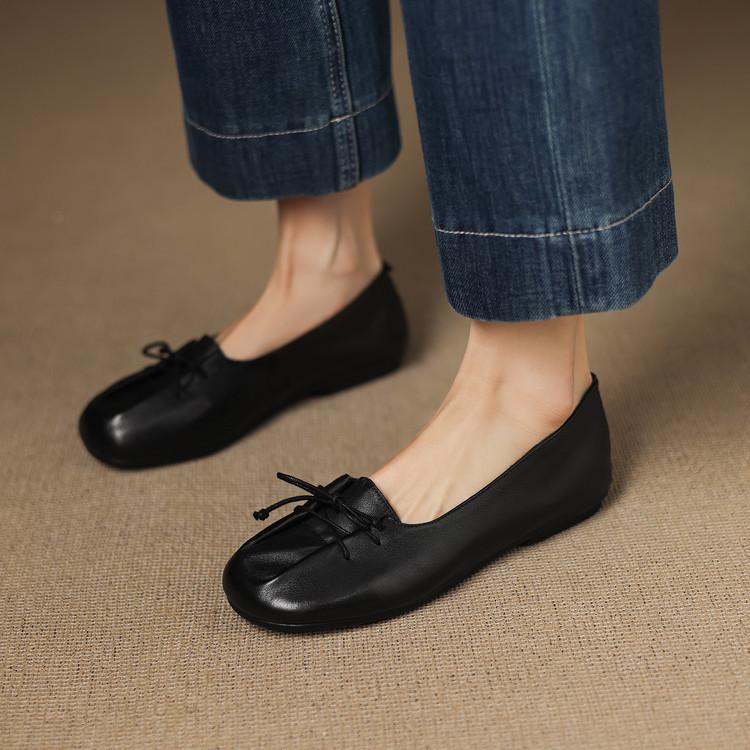 Niche pleated bow soft sole grandma shoes college style retro first layer cowhide flat bottom Mary Jane small leather shoes women