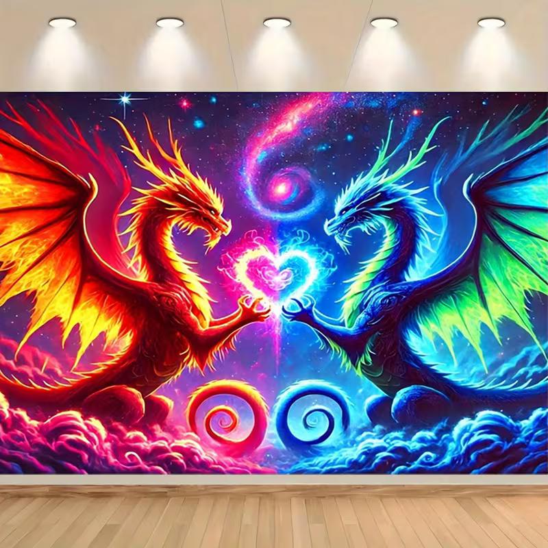 2D Magical Red Blue Dragons Tapestry Dragon Themed Event & Birthday Party Background 47.2x31.5inch/120*80cm
