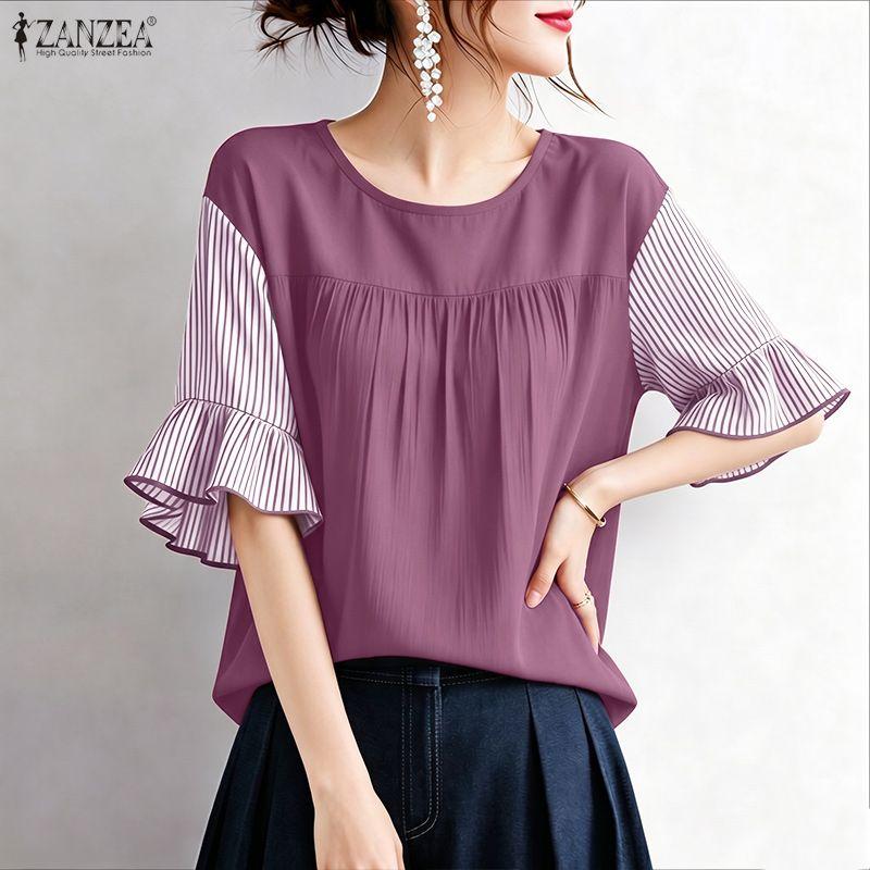 ZANZEA Women Casual Round Neck Stripe Splice Half Sleeve Blouse