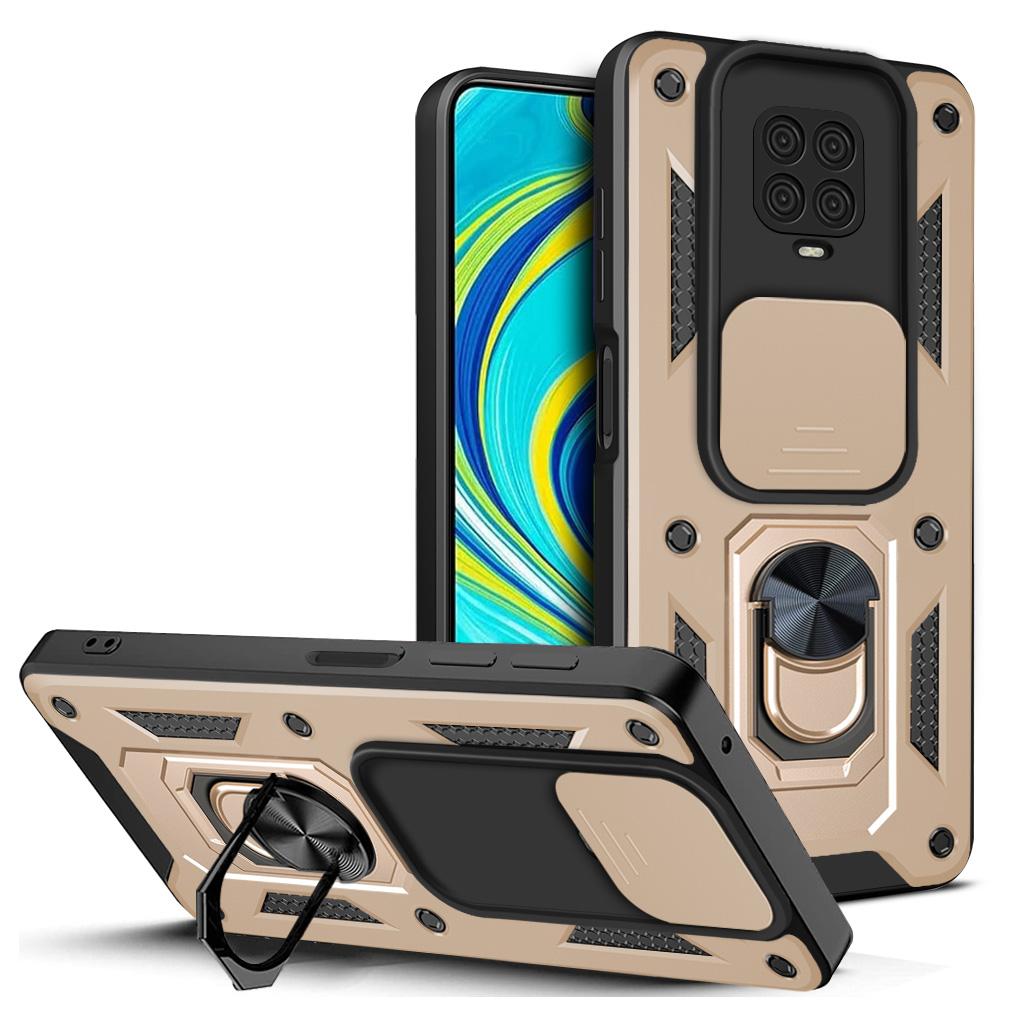 Coque Blindée antichoc pour Redmi 9s/Redmi 9 Pro/redmi 9 pro max Support Anneau Cache-objectif coulissant Redmi Note 9 Pro or