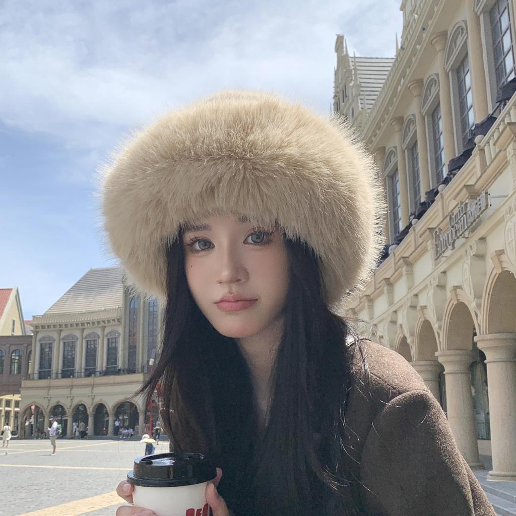 Pălărie mongolă de pluș, pentru femei, rezistentă la frig, albă, caldă, pentru bazin de nord-est, pălărie de protecție pentru urechi, pălărie cu găleată de iarnă, păr de vulpe