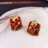 Vintage Enamel Glaze Stud Earrings Flower Copper Plated Real Gold Medieval Vintage Women's Earrings