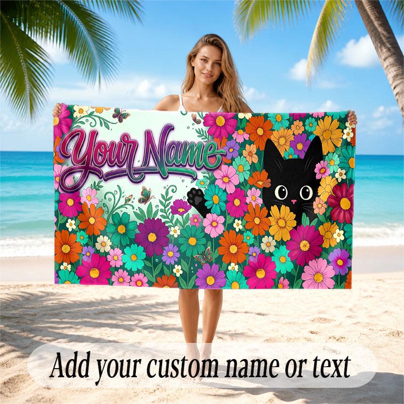 Cat Theme Soft Beach Towel Personalized Custom Name Text Towel Portable for Beach Pool Travel