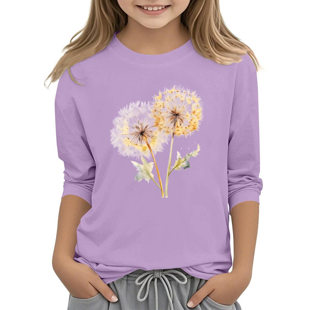 Children's 3/4 Sleeve Round Neck Flowers Print Casual Top