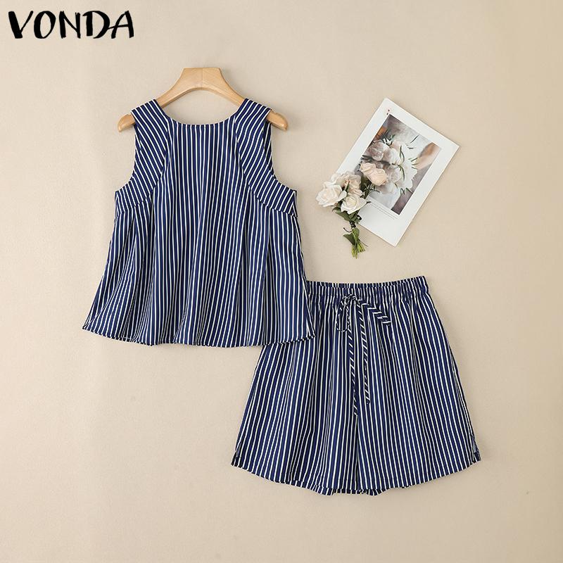

VONDA Women Tanks Sets Sleeveless Striped Tops and Mini Shorts Outfits S темно-синий