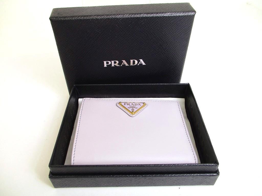 Carteira Dobrável Autêntica PRADA em Couro Roxo Claro Carteira Compacta #b055 Caixa Aberta