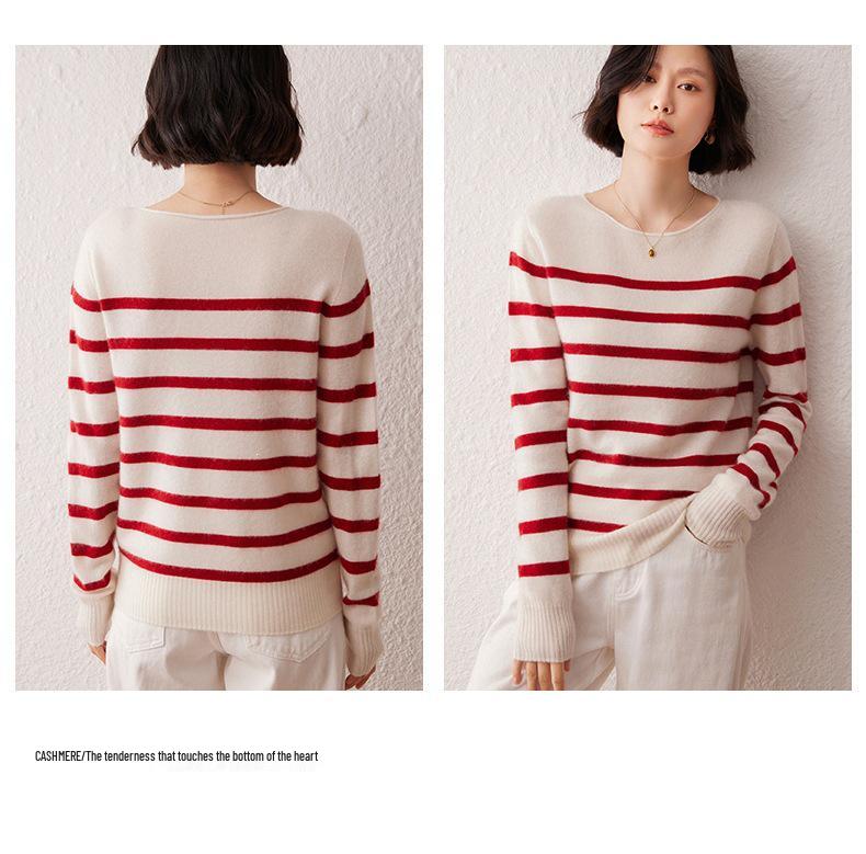 Women's Soft Cashmere One-Shoulder Sweater - Seamless, Loose Fit, Striped Pullover with Rolled Hem.