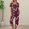 2 Stück/Set Damen Blumenprint Loungewear Set V-Ausschnitt Kurzarm T-Shirt Taschen Elastische Taille