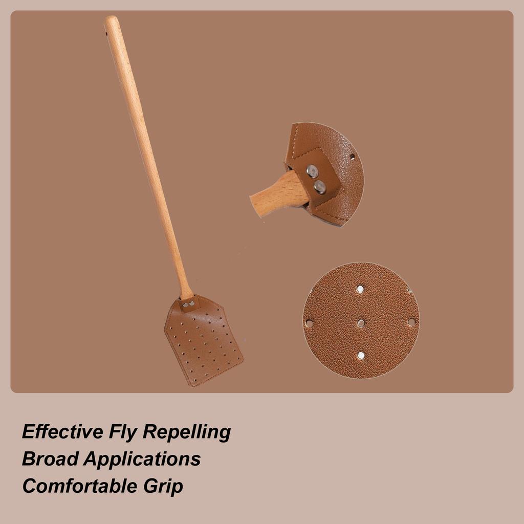 Portable PU Leather Fly Swatter With Wood Handle Sturdy Durable Heavy Duty Flyswatter For Indoor Home Outdoor Garden
