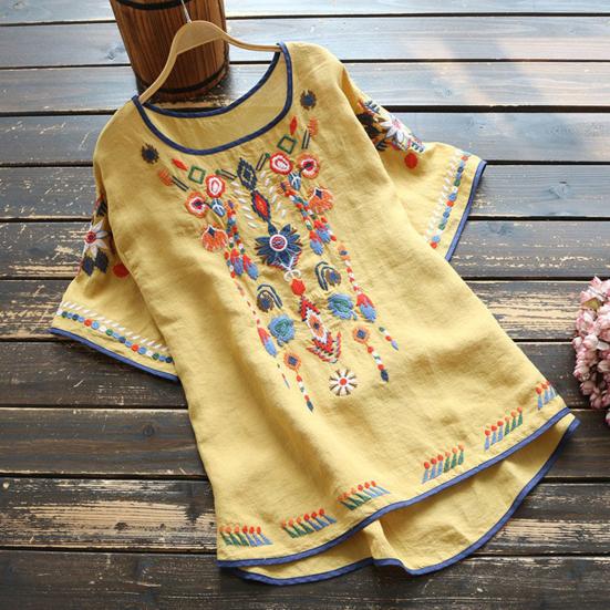 T-shirt Embroidered Loose National Style Ladies Short Sleeve Oversize Blouse