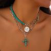 Retro Ethnic Irregular Turquoise Metal Cross Pendant Personality Double Layer Necklace for Women Collar Chain Charm Jewelry Gift