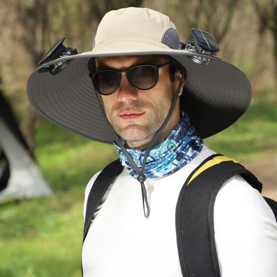 Outdoor Hat with Dual Power Supply Wide Brim Sun Hat with Built-in Solar Fan Fishing Hiking Gardening Hat