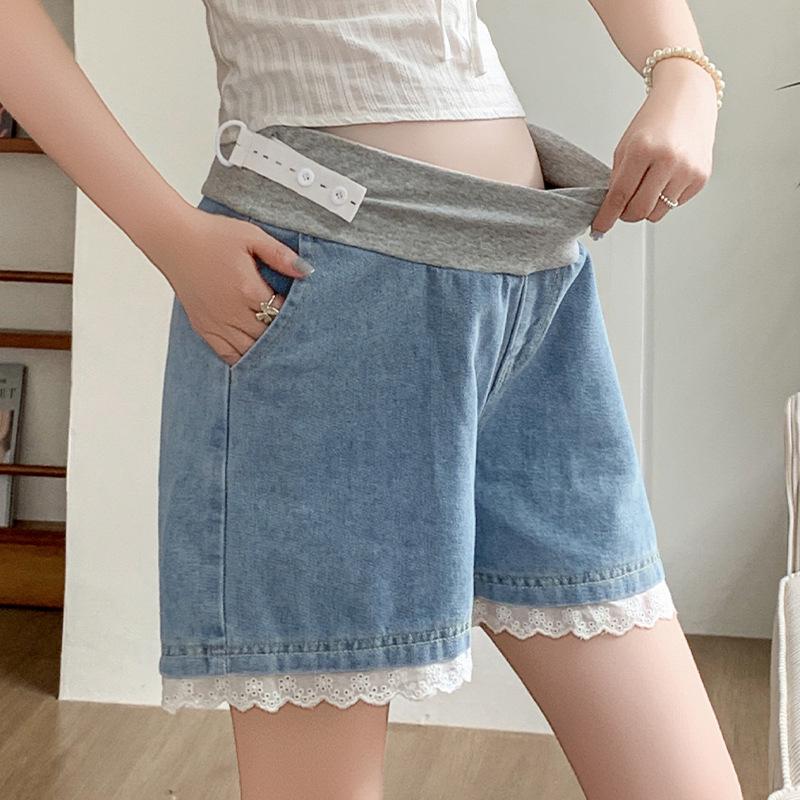 2026 New Style Tummy Support Maternity Denim Shorts with Lace Trim – Summer Wide-Leg Hot Pants