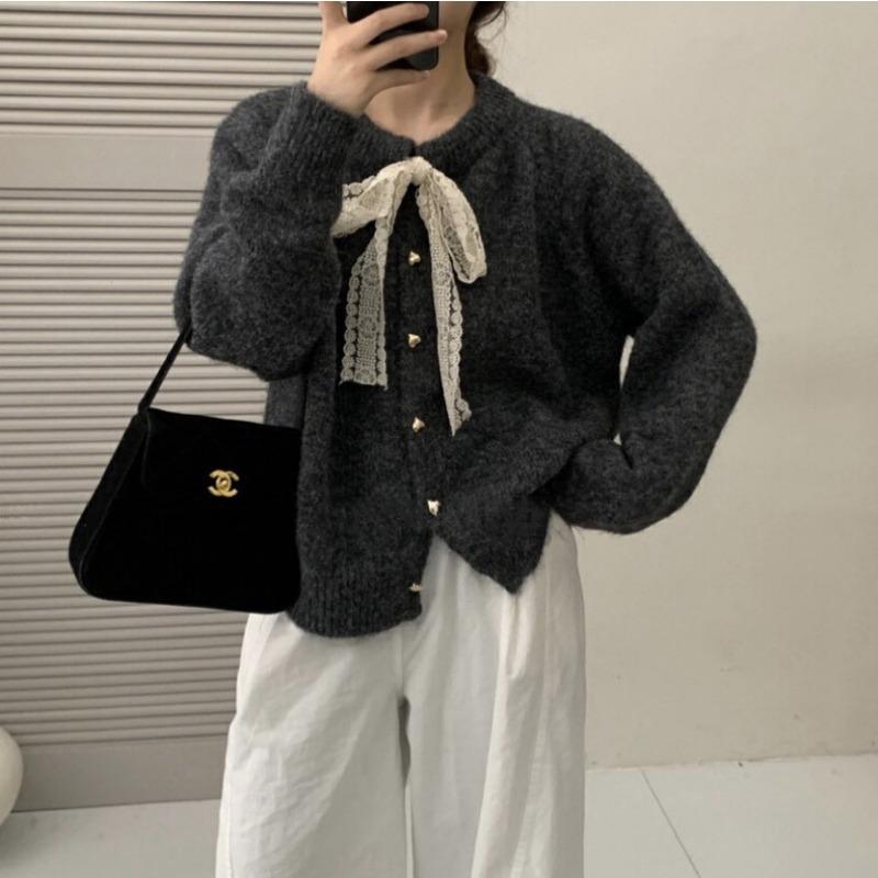 Lace-up Lace Bow Crew Neck Sweater Jacket Women's Autumn and Winter Loose Love Gold Button Knitted Cardigan Women