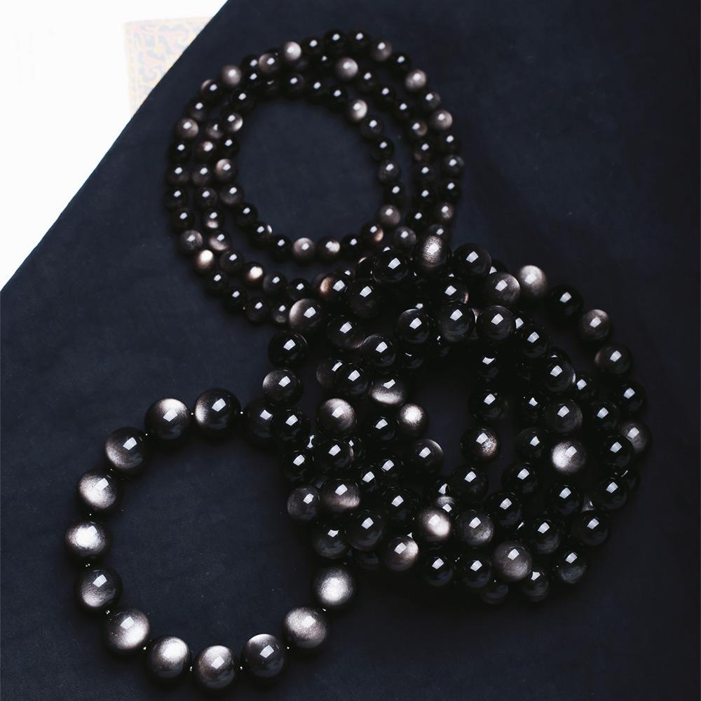 Natural6A Double-Eyed Silver Obsidian Bracelet Imposing Silver Shining Stone Round Beads
