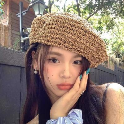 Fashion Handmade Summer Straw Beret Thin Breathable French Crochet Beret Hollow Flat Design Beach Weave Beret Holiday Wear