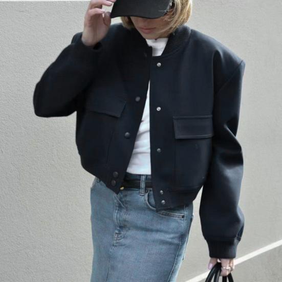 Women Casual Jacket Long Sleeves Stand Collar Solid Color Button Closure Drop Shoulder Large Pocket Short Ladies Female Bomber Cropped Coat Outwear