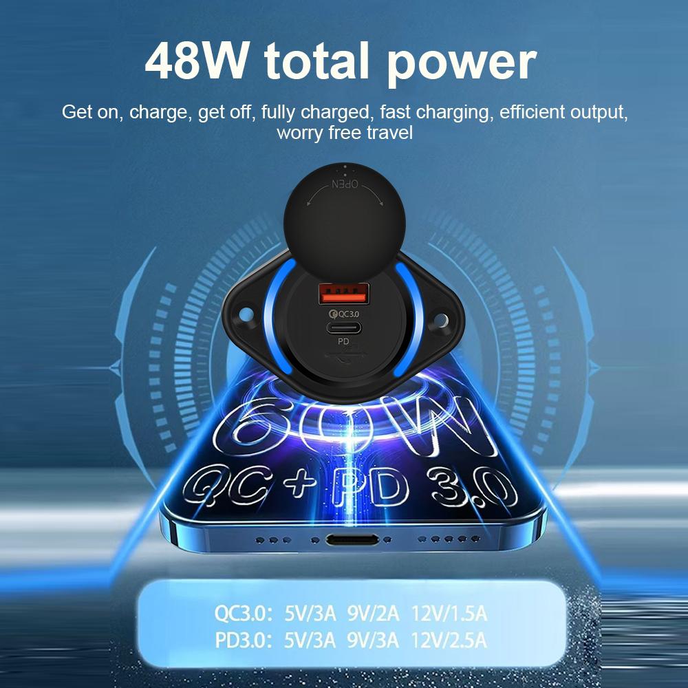 12-24V Car Dual USB charger QC PD Quickly Charger Power Socket Adapter Modified Panel Mount for Cars Boats Buses and RVS
