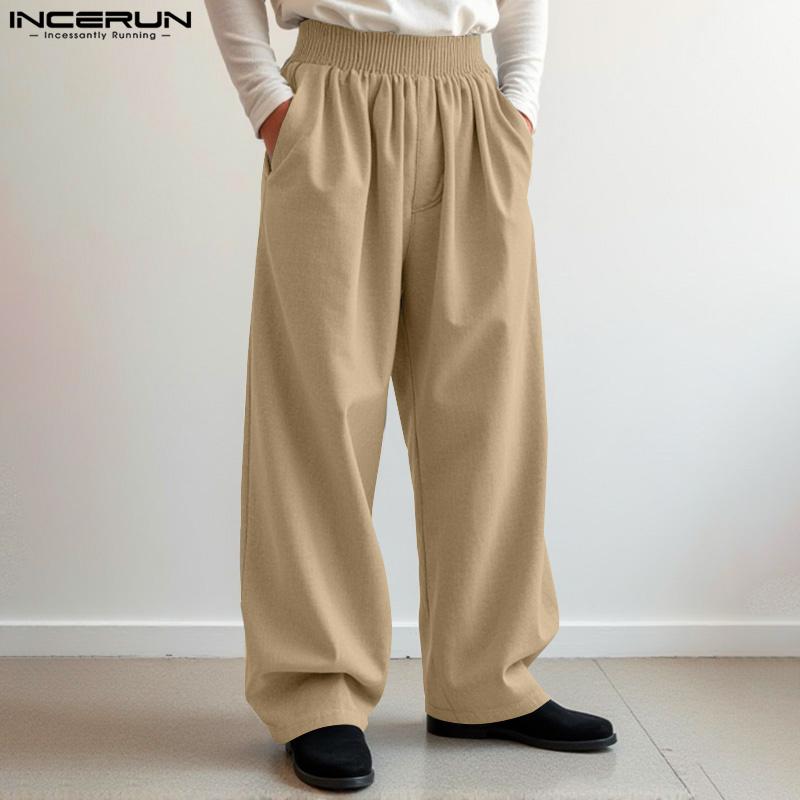 INCERUN Men High Elastic Waist Ruffled Casual Loose Long Trousers Pants With Pockets