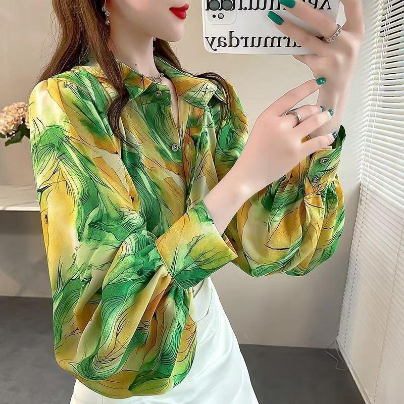 Retro Women's Printed Shirt Slim-fit Lantern Sleeve Floral Shirt Collared Chiffon Shirt Spring
