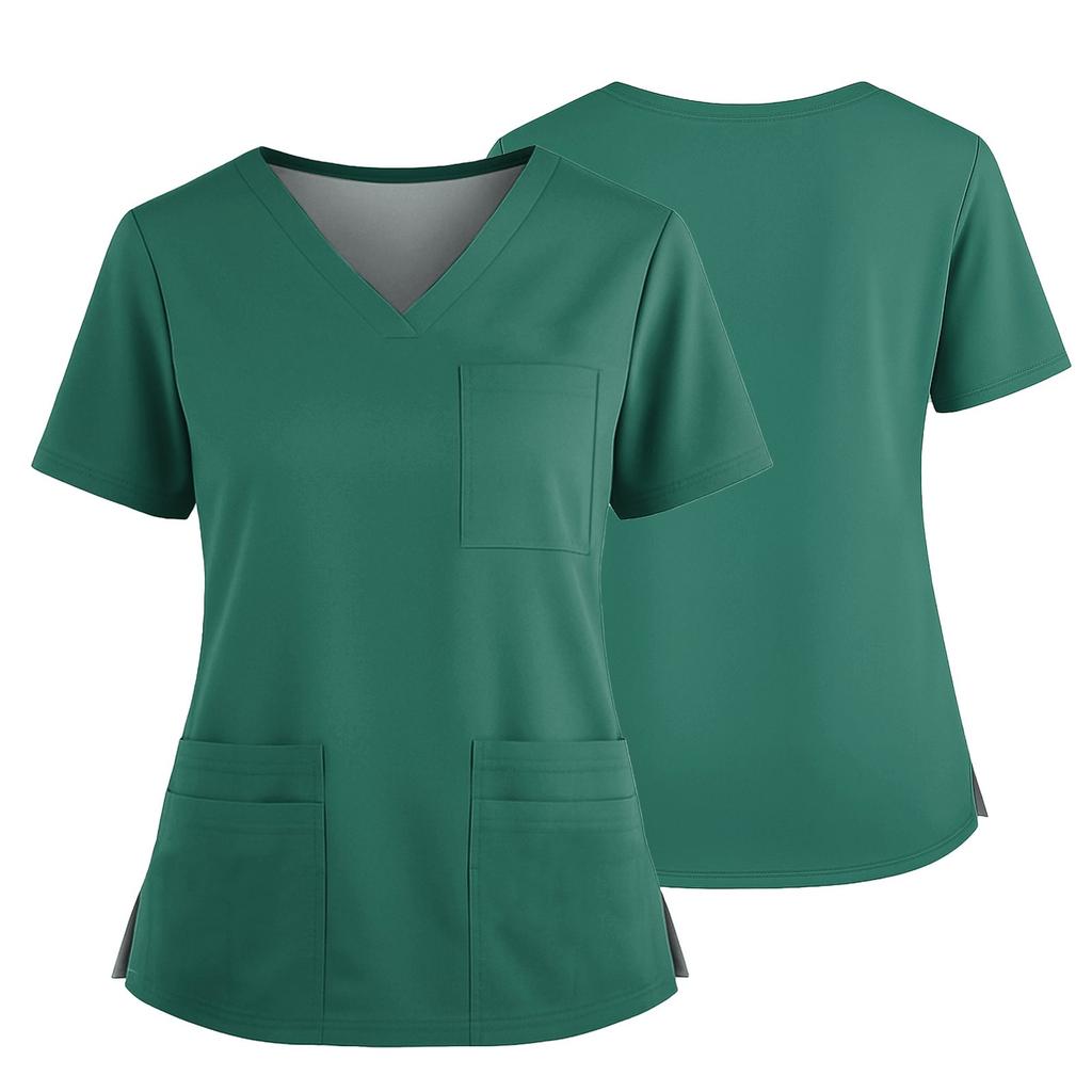 Women's Uniform Solid Color V-Neck Pocket Side Slit Uniform Short Sleeved Top Top