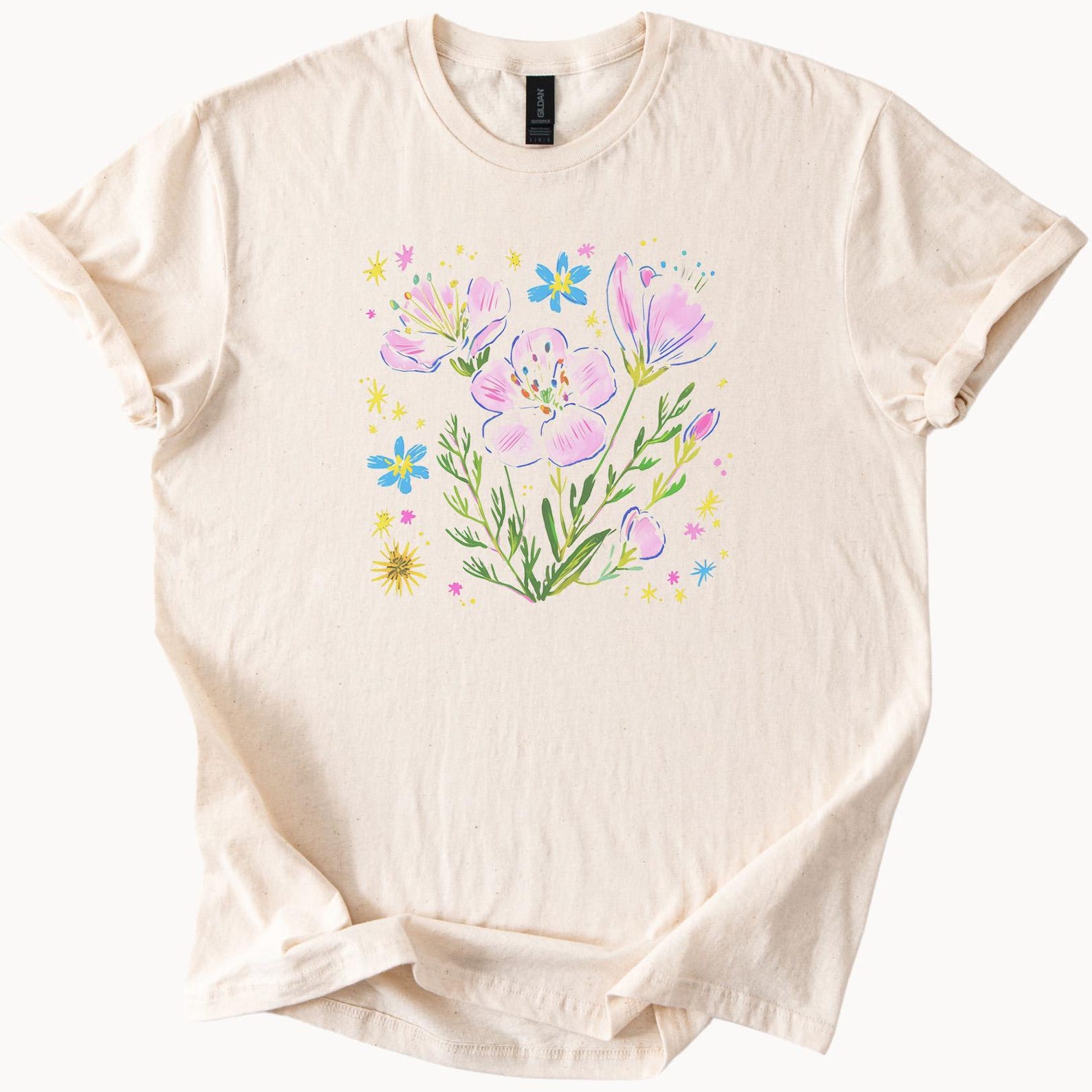 Hand Drawn Pink Wildflower Graphic T Shirt with Blue and Yellow Floral Art Soft Cream Botanical Tee Nature Lover Gift Shirt 110