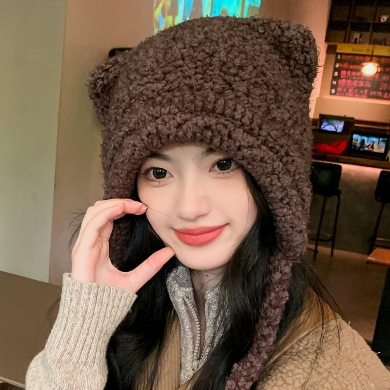Cute bear wool hat female winter face small warm knitted hat big head envelope ear tide