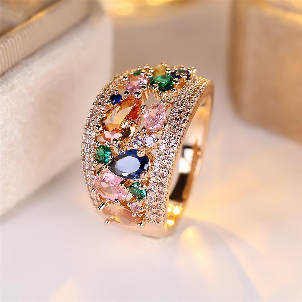 Luxus Damen Gelbgold Farbe Regenbogen Zirkonstein Hochzeit Versprechen Liebe Verlobungsringe Für Damen