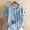 Women's Fashion Round Neck Short Sleeve T-shirt Casual Cotton Linen Graphic Shirt Leisure Loose Lavender Prined Summer Blouse Tops