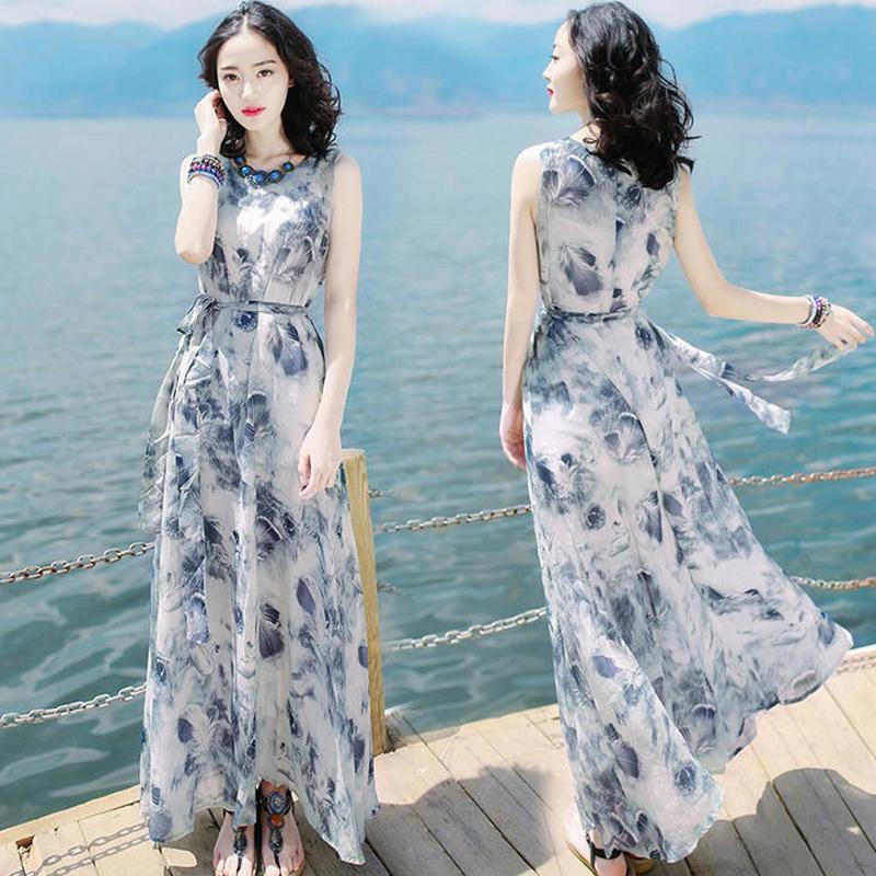 Women Summer Sleeveless Dress Bohemian Long Beach Dress for Seaside Holiday