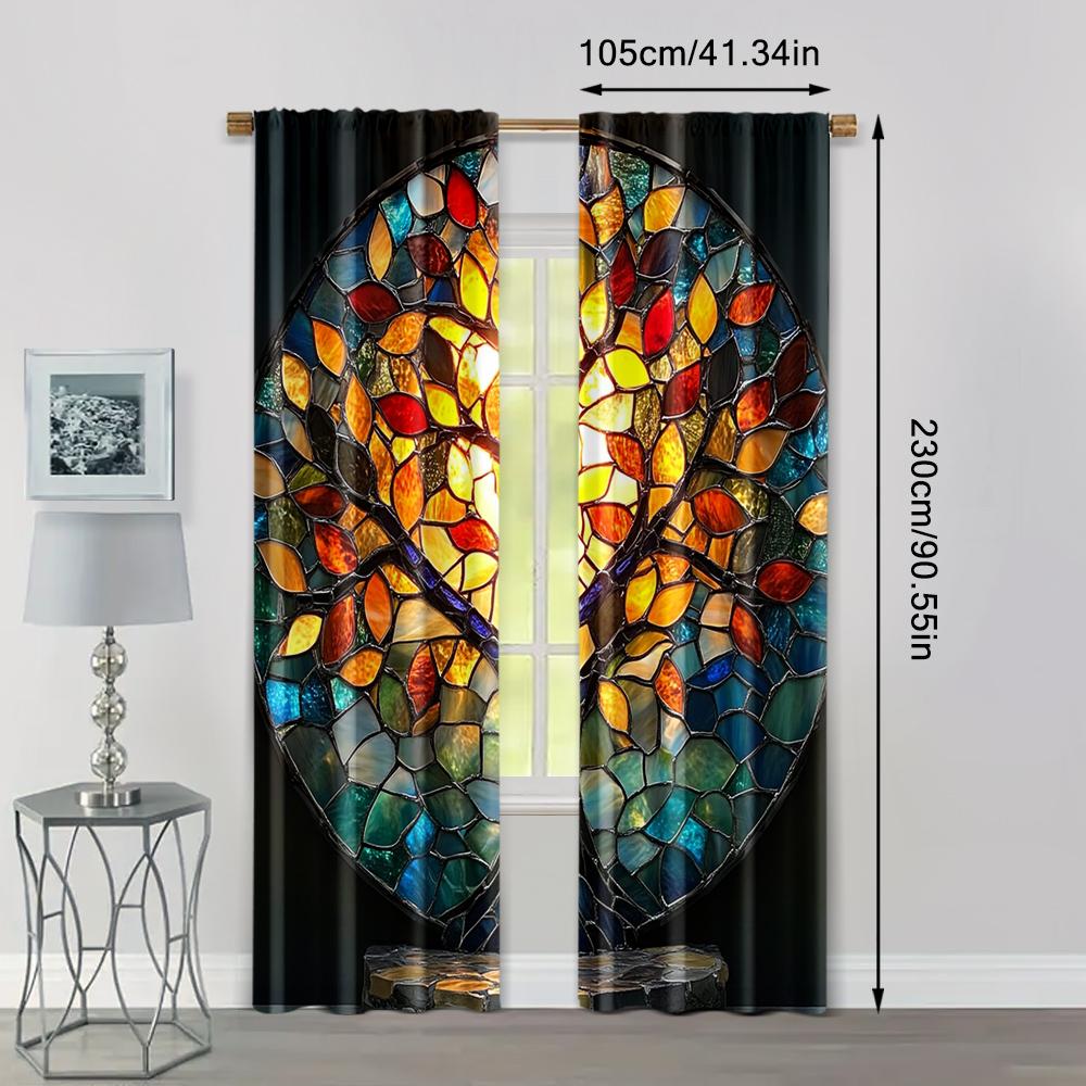 2pc,  Window Drapes Color Mosaic Tree Art 100% Polyester,Without Electricity Family Party Decoration Perfect for Holiday