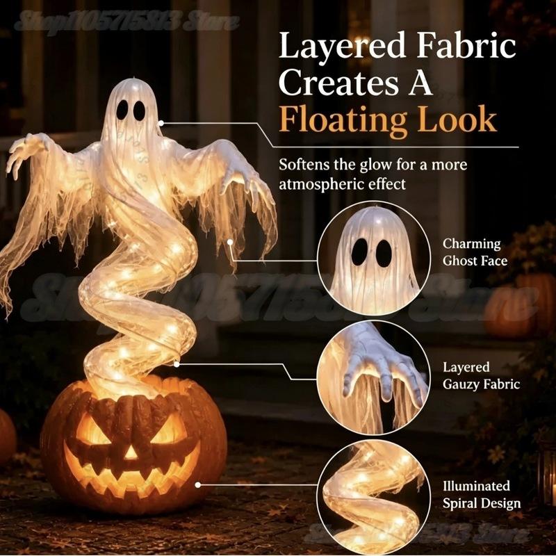 Swirling Ghost Pumpkin Yard Lamp LED Halloween Floor Garden Light Lighted Outdoor Ghost Pumpkin Decor for Halloween