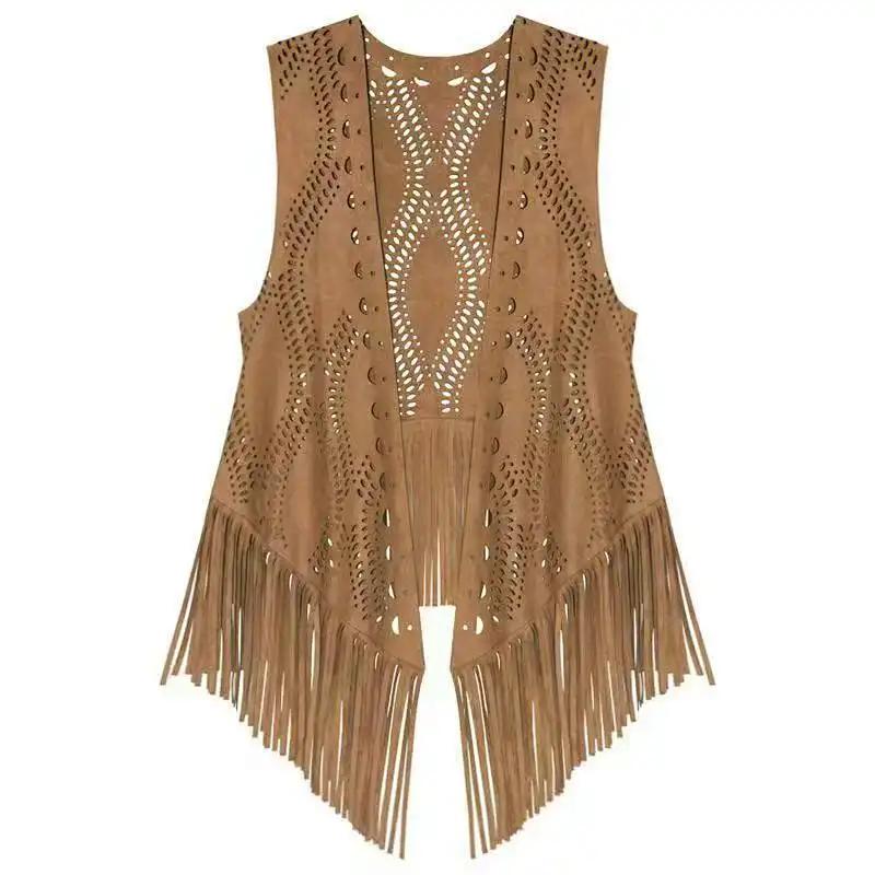 Western Cowboy Wandering Style Suede Tassel Hollowed Out Thin Style Camisole for Travel Paired with a Small Vest Women's ToP