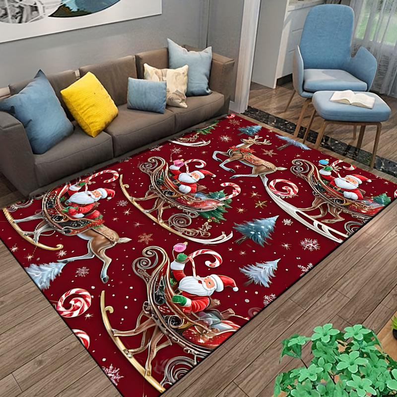 Flannel Rug Santa Sleigh Reindeer Candy Cane Deep Red Christmas Pattern Area Rug Living Room Bedroom Office Decor