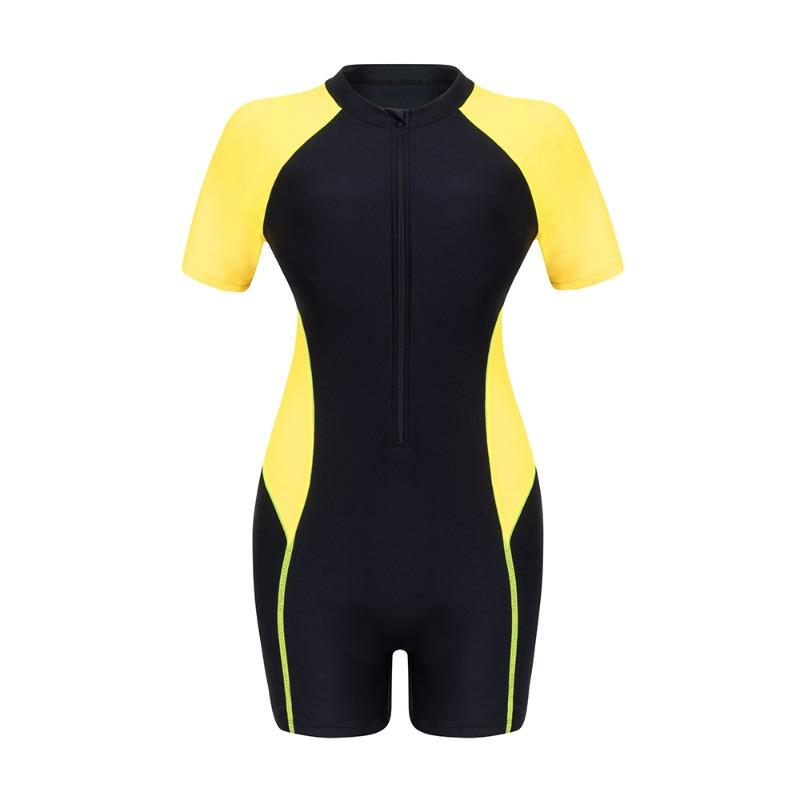 New Color-blocked Short-sleeved Conservative One-piece Swimsuit Women's Foreign Trade European and American Tight-fitting Boxer Zipper Swimsuit