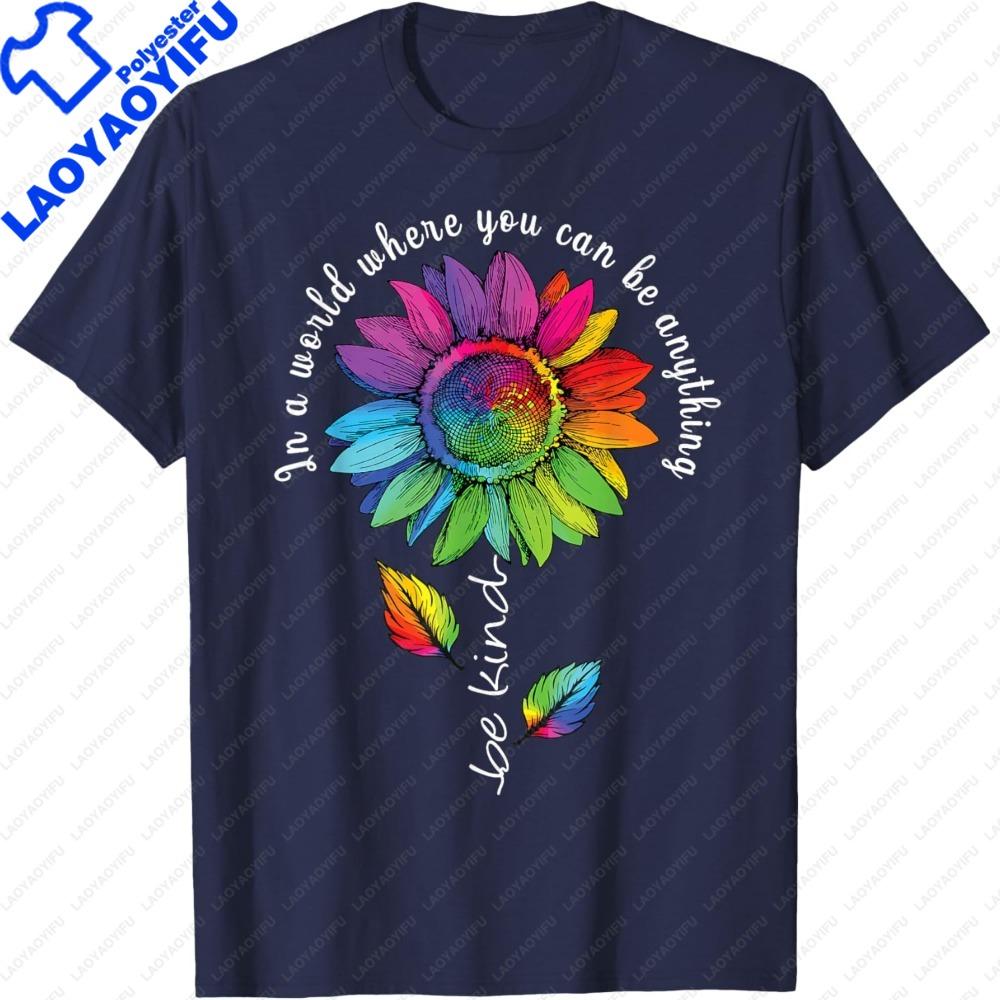 LGBTQ Rainbow Sunflower Be Kind Gay Love Pride Flower TShirt Women Clothes Oversized Harajuku Tees Oneck Color Print Tees