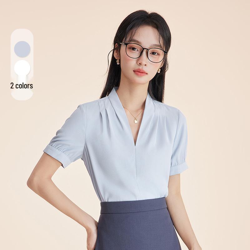 Women's Professional Short Sleeve V-Neck Satin Blouse - Iron-Free, Wrinkle-Resistant, Blue.