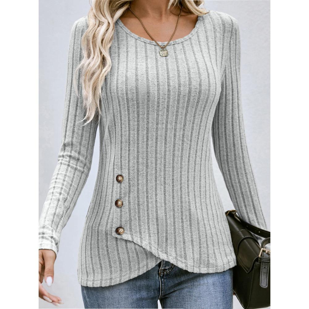 Women's Long-sleeved V-neck Top for Women's Buttons Asymmetric Knitted Base Shirt T-shirt for Women