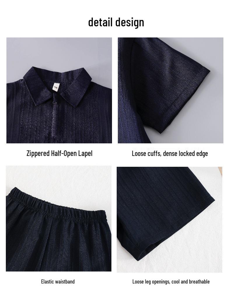 2026 Summer Boys' Zip Polo Collar Textured Shorts Set