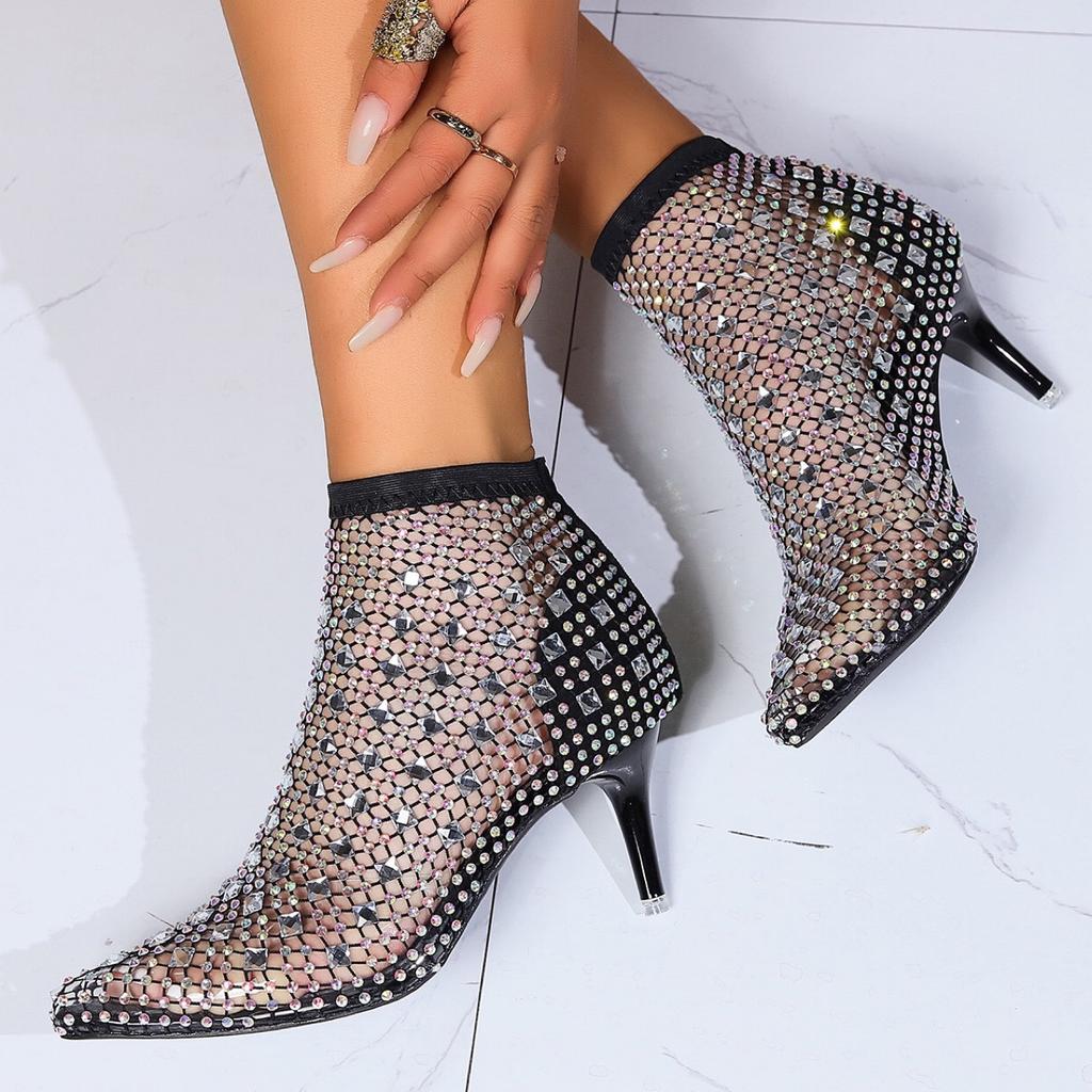 Europäische und amerikanische sexy spitze dünne Absätze Übergröße Netzstrümpfe Cutout Strass Stretch durchsichtig Mode High-Heel-Sandalen