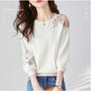 Seven Sleeve Lace Knit Top Autumn Women Fresh Floral Slim Round Neck Pullover Elegant