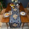 Embroidery Luxury Table Runner, Long Blue Dining Table Runner, Elegant Jacquard Dresser Scarf with Multi-Tassels for Dining Room Party Banquet Table