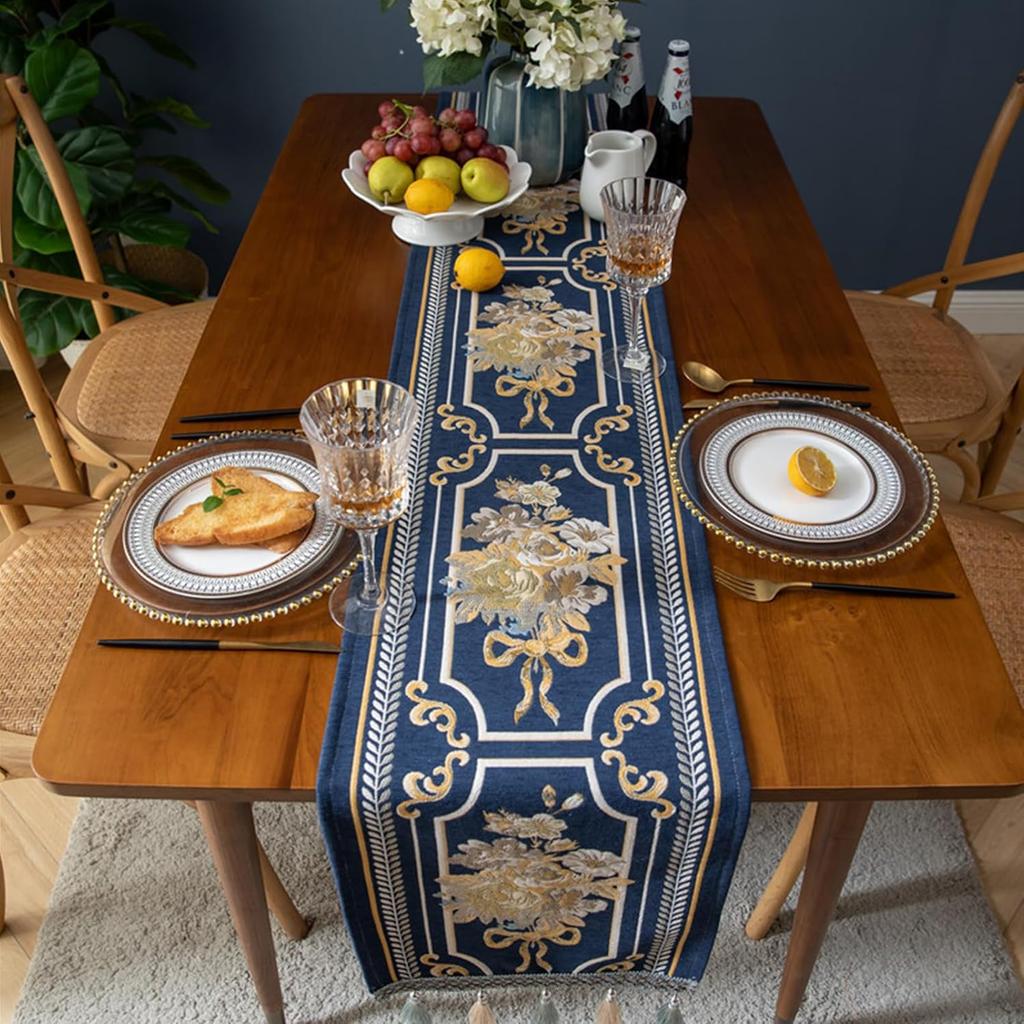 Embroidery Luxury Table Runner, Long Blue Dining Table Runner, Elegant Jacquard Dresser Scarf with Multi-Tassels for Dining Room Party Banquet Table