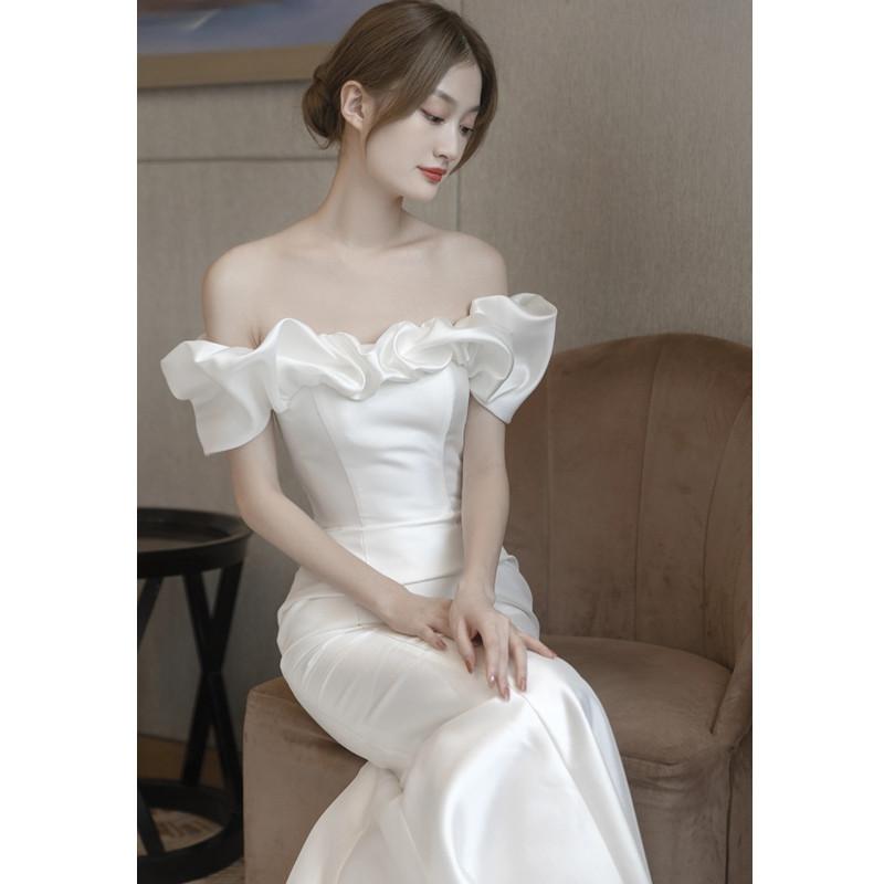Off-the-shoulder French Light Wedding Dress, Satin Simple, 1011 New Mermaid White Slimming Welcome Tail Gauze for Outings
