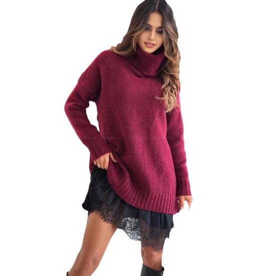 Women Sweater High Collar Long Sleeve Ribbed Trim Knitted Tops Solid Color Loose Fit Autumn Winter Casual Sweater